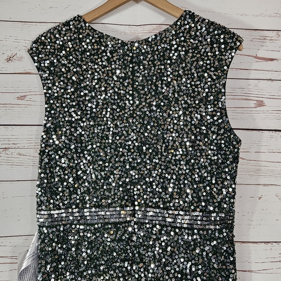 NWT Mac Duggal | Cap Sleeve Green Sequined High Slit Gown - Picture 7 of 10